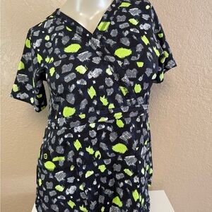 Black and Neon Green Patterned Scrub Top